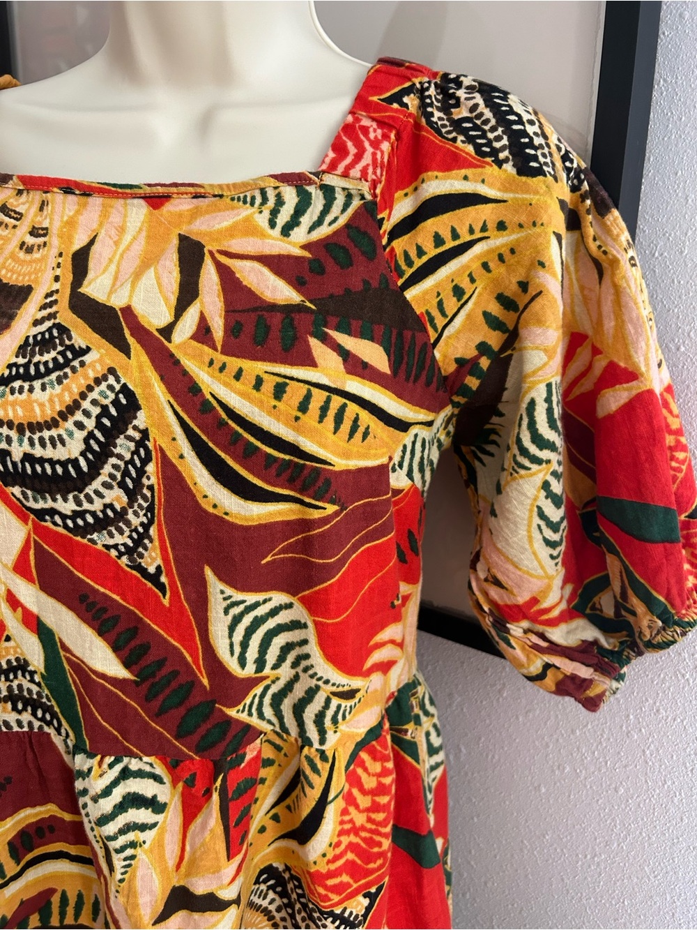 Mlle Gabrielle Tropical Print Smocked Mini Dress — Size M